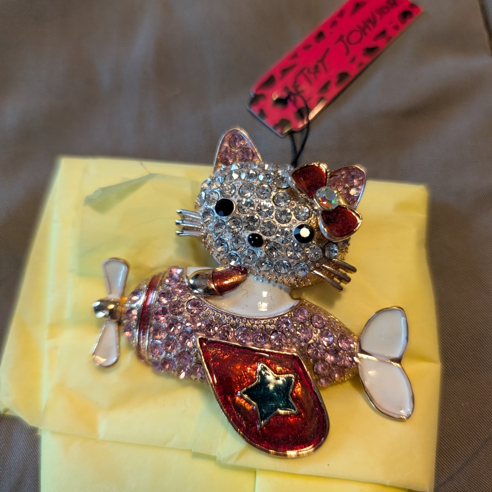 Betsey Johnson Hello Kitty Crystal Cat Brooch with Red and Pink Accents